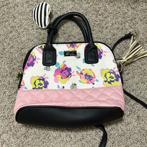 Luv By Betsy Johnson Floral Pink Quilted Women's Handbag Satchel Black Tassel